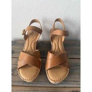 Born Alaina Cork Wedge Platform Sandals - Size 8 Women's Brown Leather